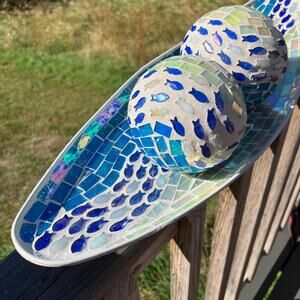 Fish mosaic boat platter and gazing balls, mermaid fisherman nautical ocean